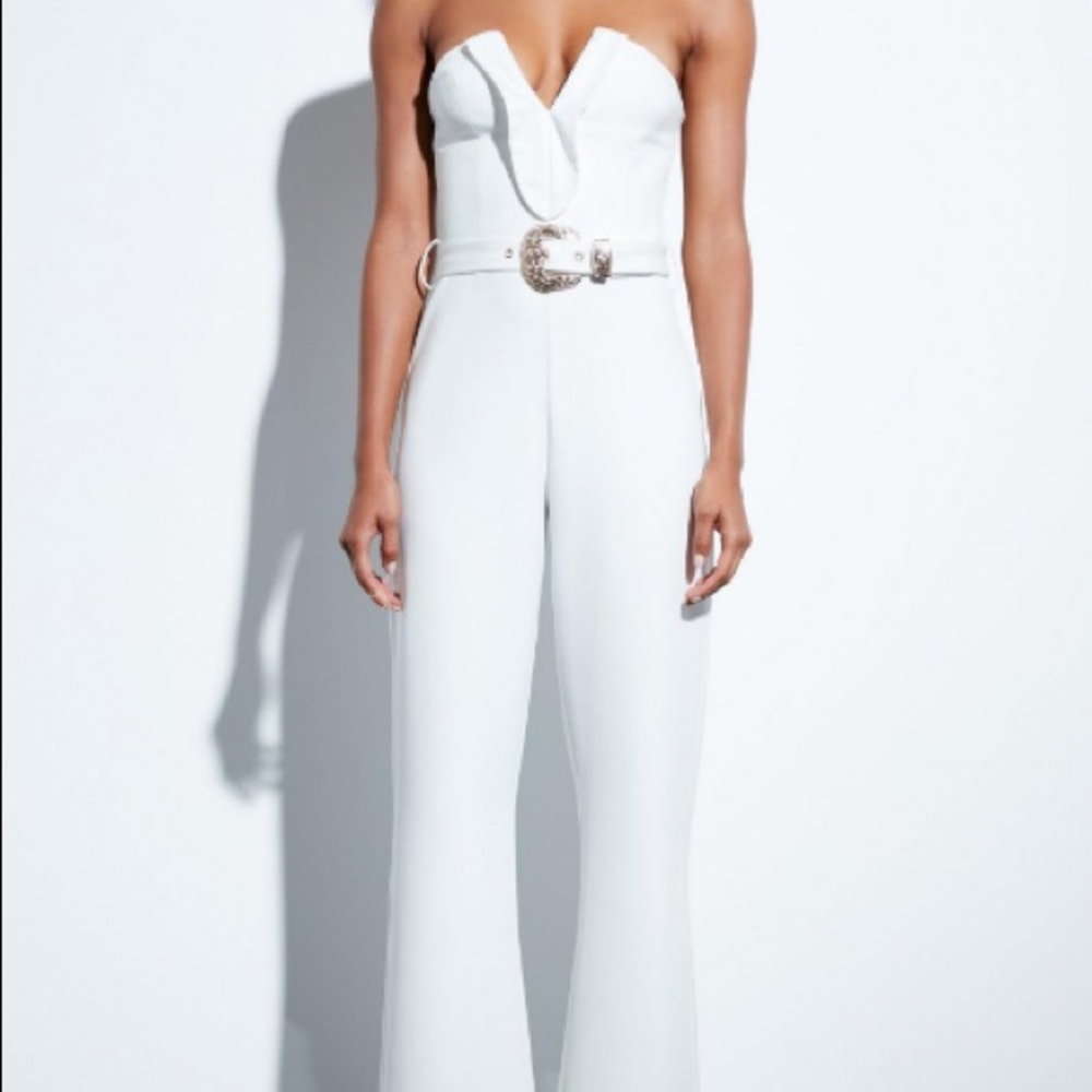 Peace + Love White Plunge Gold Belted Jumpsuit